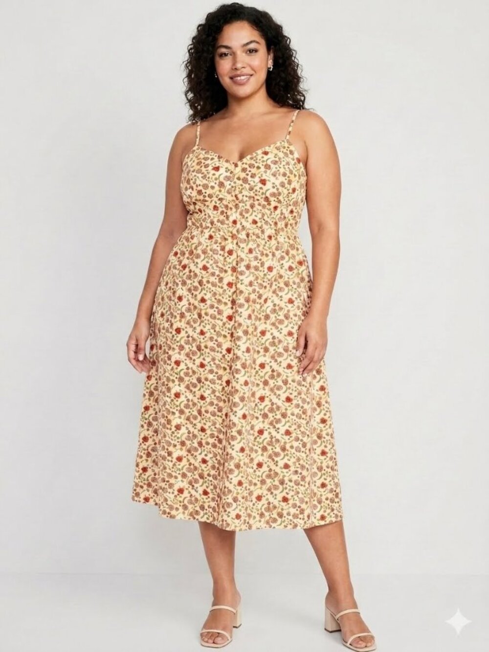 Old Navy 3X Cream Midi Dress with Orange & Brown Floral Print